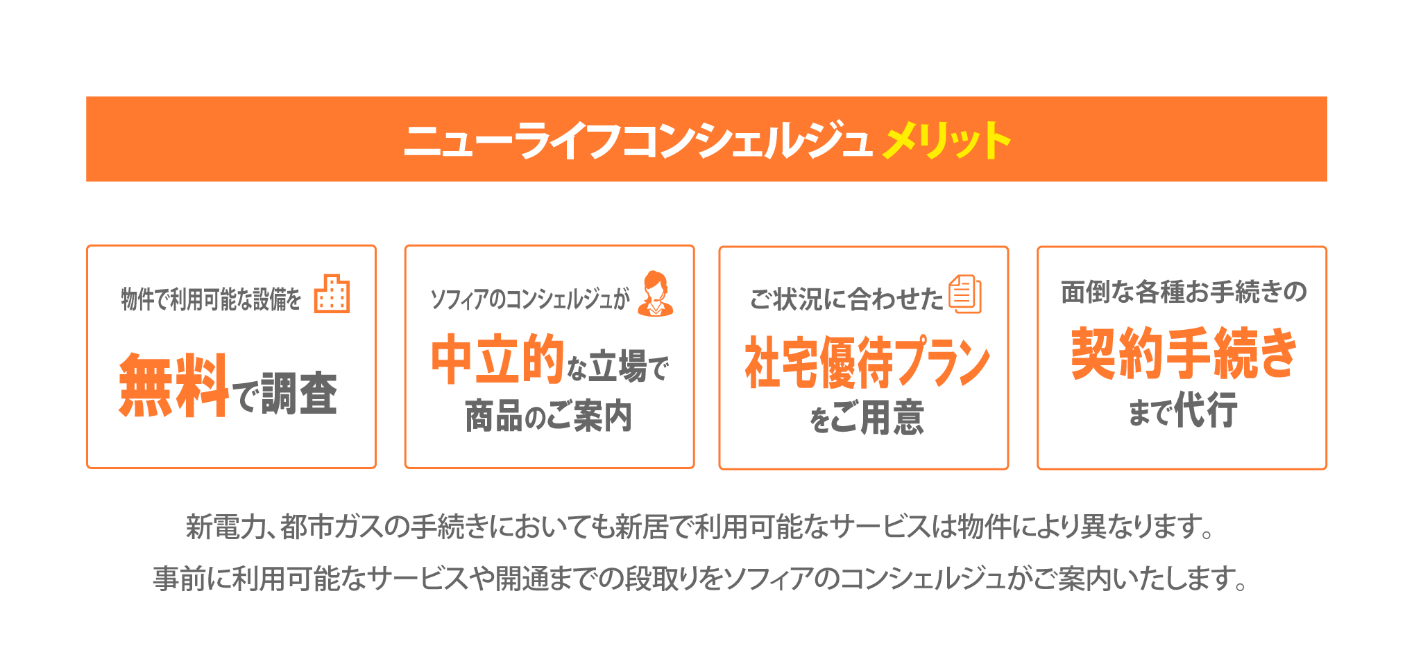 ニューライフコンシェルジュ メリット物件で利用可能な設備を無料で調査　ソフィアのコンシェルジュが中立的な立場で商品のご案内 ご状況に合わせた社宅優待プランをご用意 面倒な各種お手続きの契約手続きまで代行 新電力、都市ガスの手続きにおいても新居で利用可能なサービスは物件により異なります。事前に利用可能なサービスや開通までの段取りをソフィアのコンシェルジュがご案内いたします。