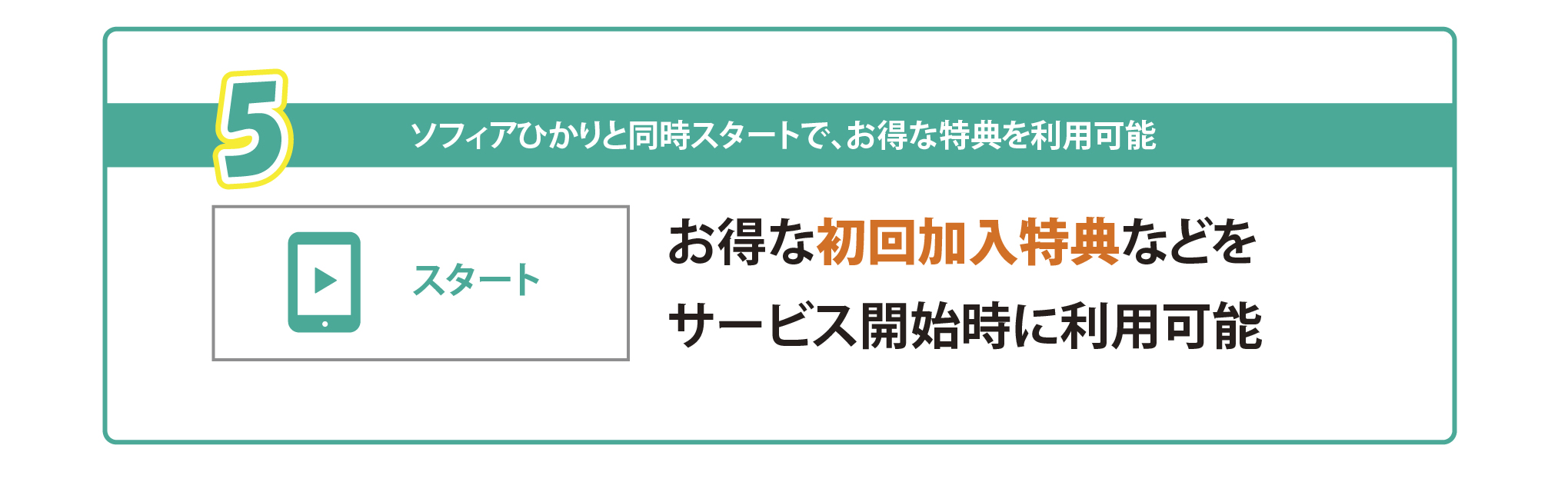 5スタート ソフィアひかりと同時スタートで、お得な特典を利用可能 お得な初回加入特典などをサービス開始時に利用可能